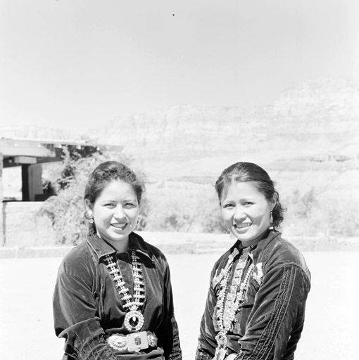 2 Navajo girls - Mabell and Nora at Marble Canyon, holding hands
