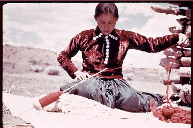 Navajo Woman Weaver Spinning Wool - 1960's